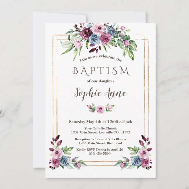 Royal Burgundy Dusty Blue Flowers Girl Baptism Invitation (Front)