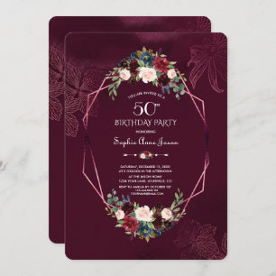 Royal Burgundy Floral Geometric 50th Birthday Invitation