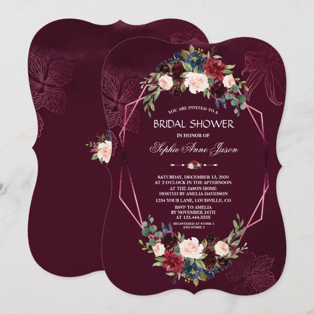 Royal Burgundy Floral Geometric Bridal Shower Invitation (Front/Back)