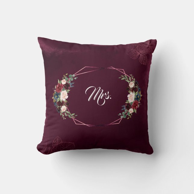 Royal Burgundy Floral Geometric Wedding Cushion (Front)