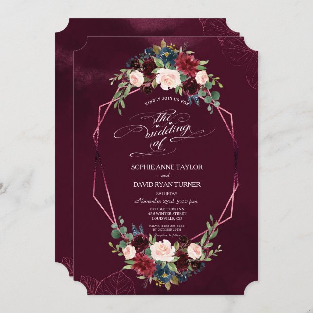 Royal Burgundy Floral Geometric Wedding Invitation (Front/Back)