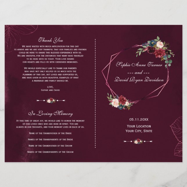 Royal Burgundy Floral Geometric Wedding  Program (Front)