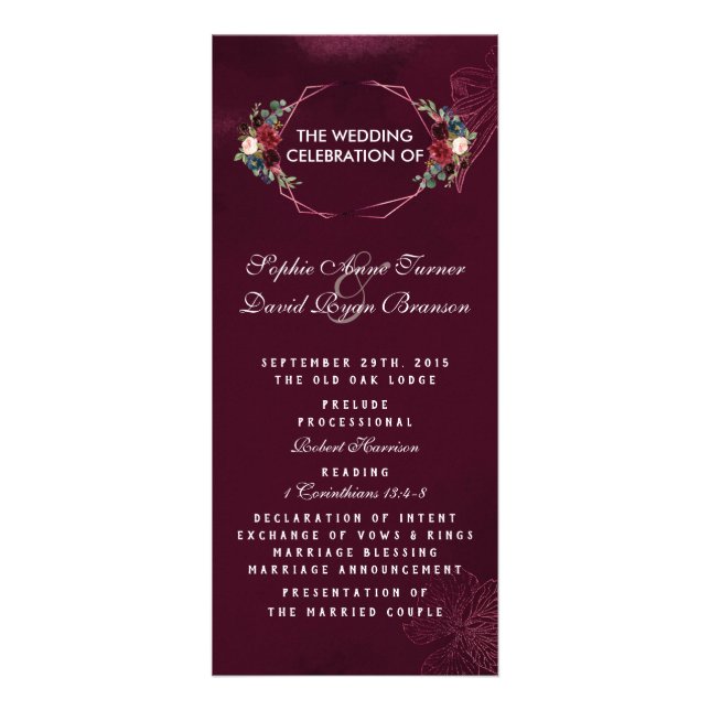 Royal Burgundy Floral Geometric Wedding Program Rack Card (Front)