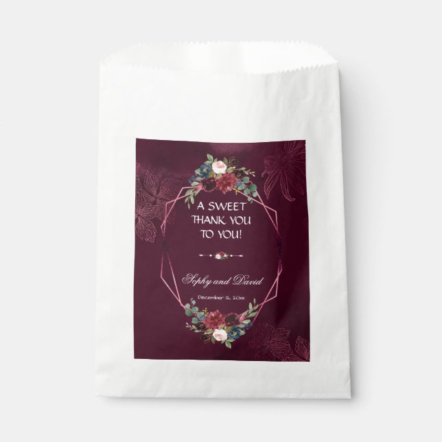 Royal Burgundy Floral Geometric Wedding THANK YOU Favour Bag (Front)