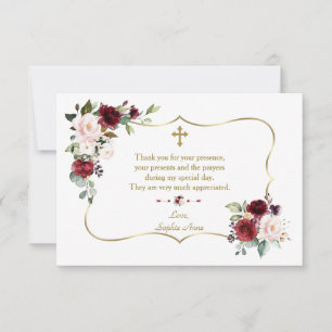 Royal Burgundy Floral Gold Frame Cross Baptism Thank You Card