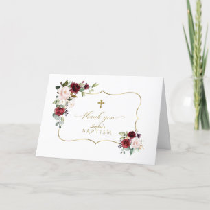 Royal Burgundy Floral Gold Frame Cross Baptism Thank You Card