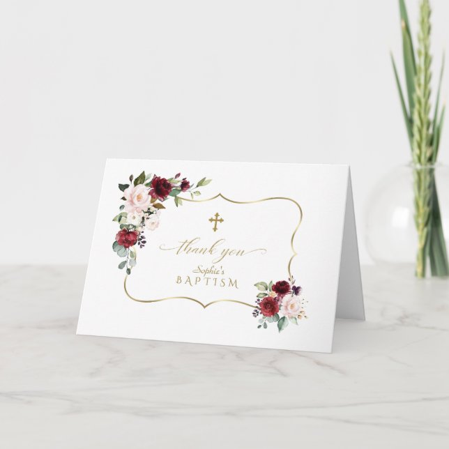 Royal Burgundy Floral Gold Frame Cross Baptism Thank You Card (Front)
