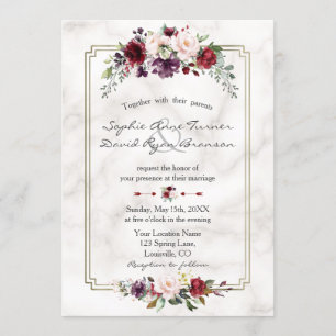 Royal Burgundy Floral Gold Marble Monogram Wedding Invitation