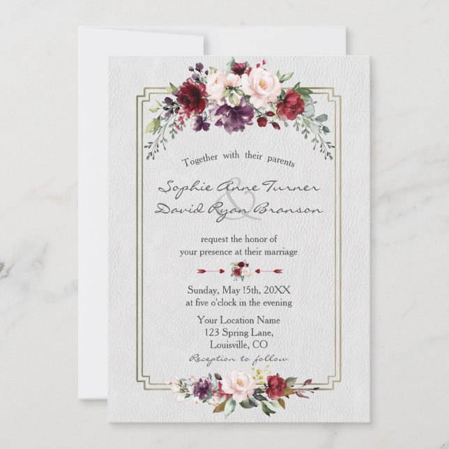 Royal Burgundy Floral Gold Monogram Wedding Invitation (Front)