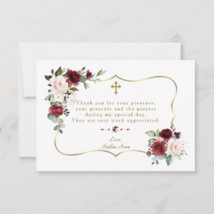 Royal Burgundy Flowers Gold Frame Girl Baptism Thank You Card