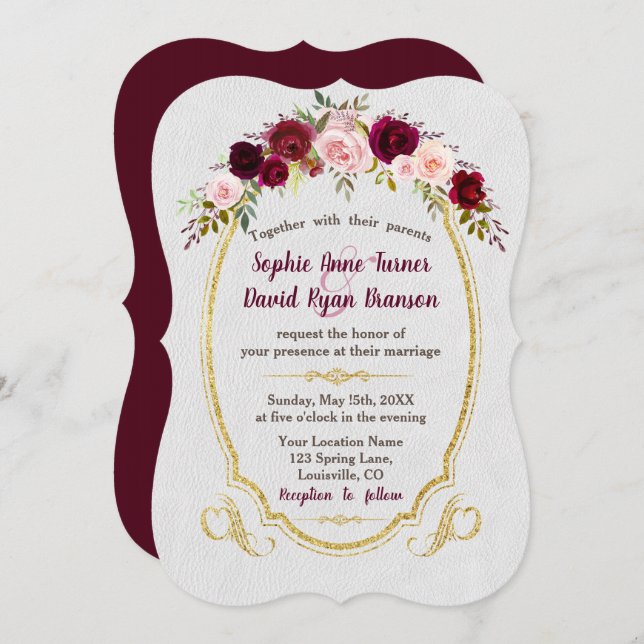 Royal Burgundy Gold Marsala Floral Wedding Invitation (Front/Back)