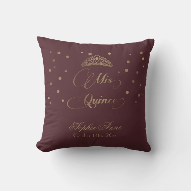 Royal Burgundy Gold Mis Quince Script Quinceañera Cushion (Front)