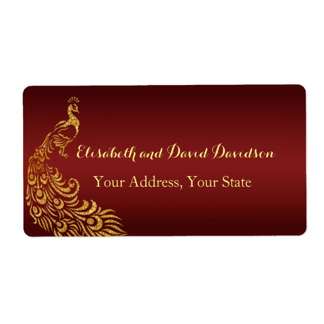 Royal Burgundy Gold Peacock Wedding Address Label (Front)