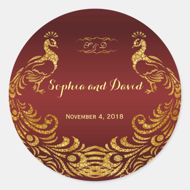 Royal Burgundy Gold Peacock Wedding Custom Classic Round Sticker (Front)