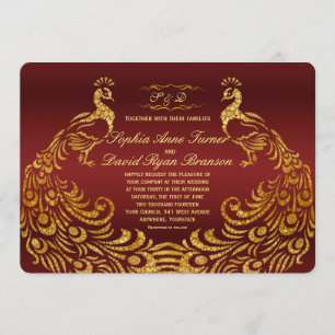 Royal Burgundy Gold Peacock Wedding Invitation