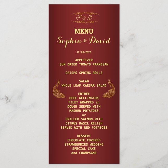 Royal Burgundy Gold Peacock Wedding Menu Custom (Front)