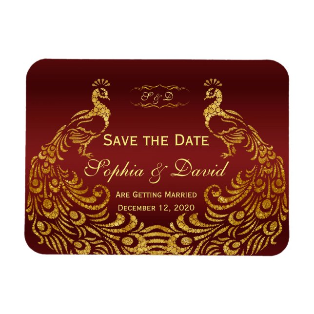 Royal Burgundy Gold Peacock Wedding SAVE THE DATE Magnet (Horizontal)