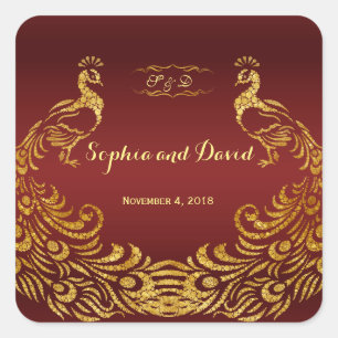 Royal Burgundy Gold Peacock Wedding Square Sticker