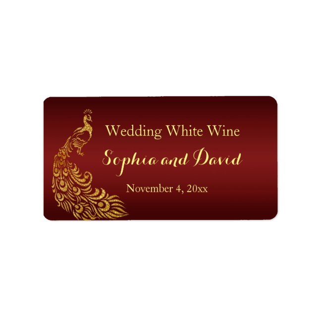 Royal Burgundy Gold Peacock Wedding Wine Favour Label (Front)