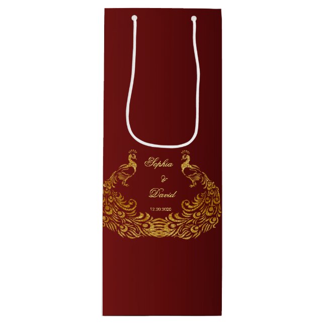 Royal Burgundy Gold Peacock Wedding Wine Gift Bag (Front)