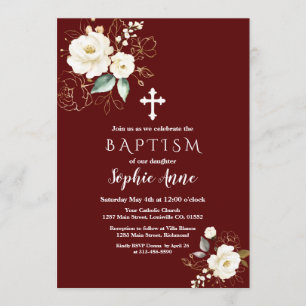 Royal Burgundy Gold White Flowers Girl Baptism Invitation
