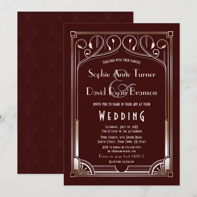 Royal Burgundy Great Gatsby Gold Art Deco Wedding Invitation (Front/Back)