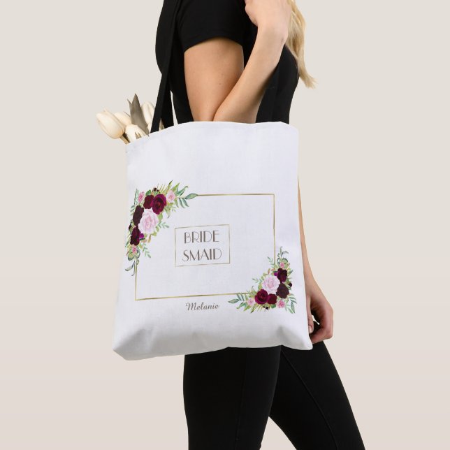 Royal Burgundy Marsala Floral Bridesmaid Tote Bag (Close Up)