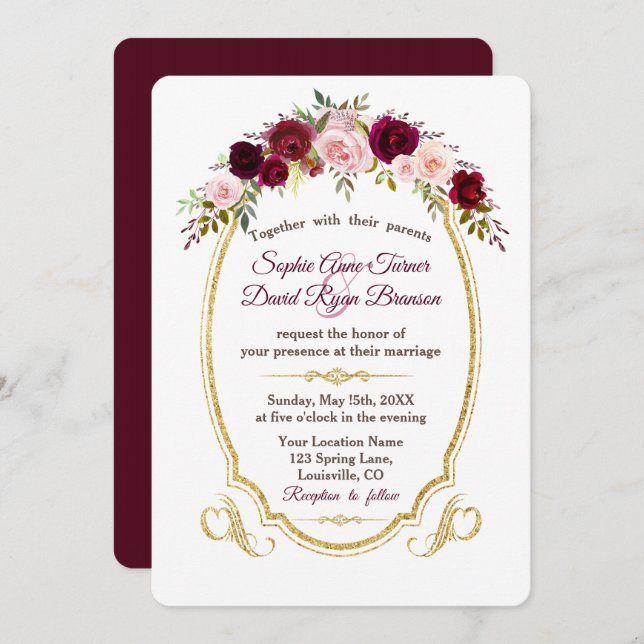 Royal Burgundy Marsala Floral Fall Wedding Invitation (Front/Back)
