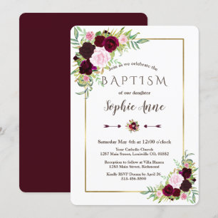 Royal Burgundy Marsala Floral Girl Baptism Invite