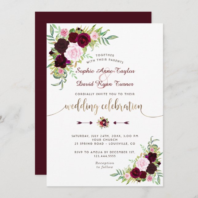 Royal Burgundy Marsala Floral Gold Wedding Invitation (Front/Back)