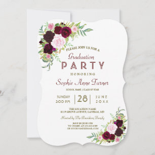 Royal Burgundy Marsala Floral Graduation Party Invitation