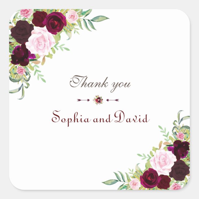 Royal Burgundy Marsala Floral Wedding Square Sticker (Front)
