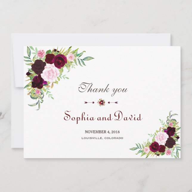 Royal Burgundy Marsala Floral Wedding Thank you Card (Front)