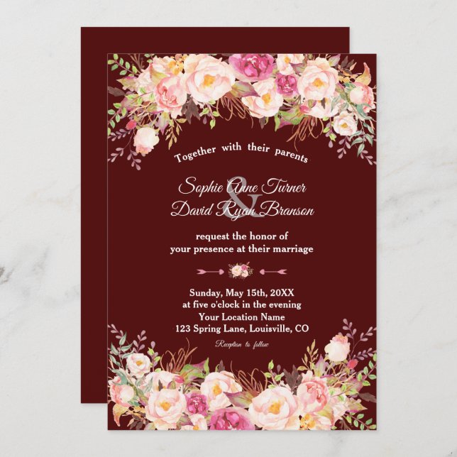 Royal Burgundy Pink Blush Flowers Wedding Invitation (Front/Back)