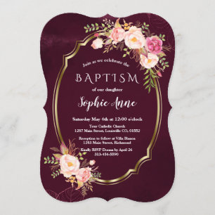 Royal Burgundy Pink Floral Gold Frame Girl Baptism Invitation
