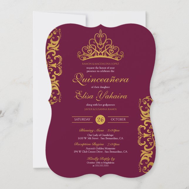Royal Burgundy Plum Gold Elegant Crown Quinceañera Invitation (Front)