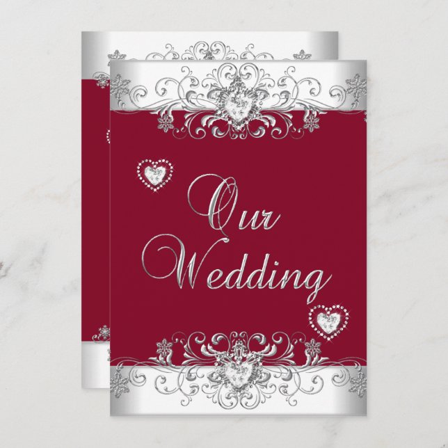 Royal Burgundy Red Wedding Silver Diamond Hearts Invitation (Front/Back)