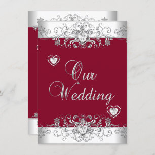 Royal Burgundy Red Wedding Silver Diamond Hearts Invitation