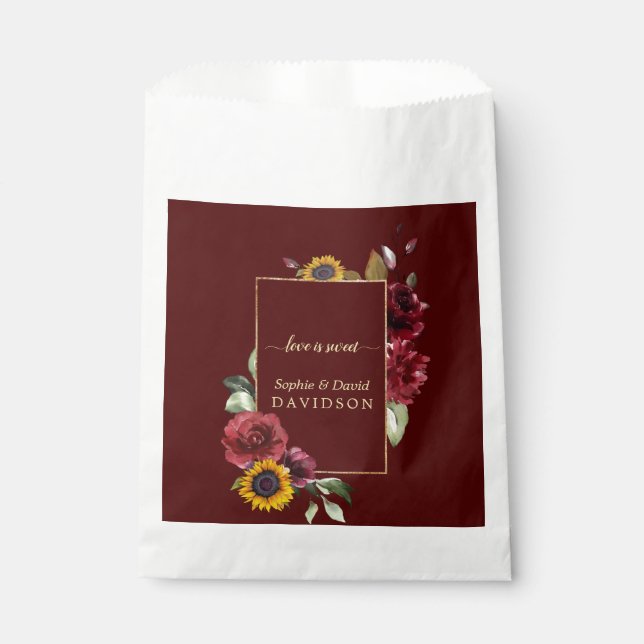 Royal Burgundy Sunflower Gold Wedding Favour Bag (Front)