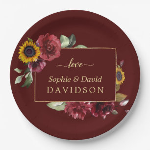 Royal Burgundy Sunflower Gold Wedding Paper Plate