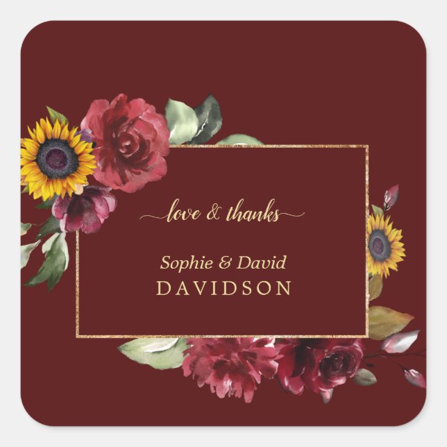 Royal Burgundy Sunflower Gold Wedding Square Sticker (Front)