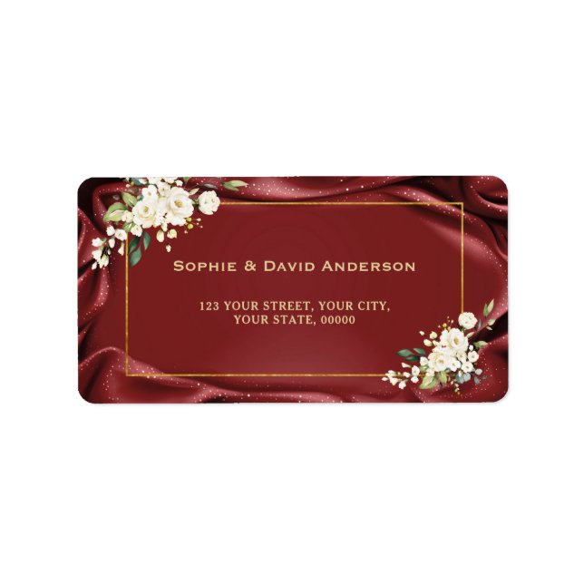 Royal Burgundy White Flowers Gold Christening Label (Front)