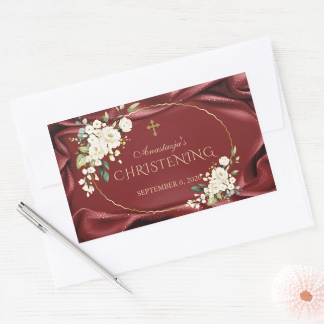 Royal Burgundy  White Flowers Gold Christening Rectangular Sticker (Envelope)