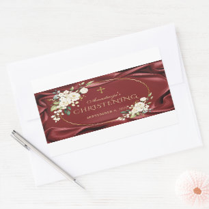 Royal Burgundy White Flowers Gold Christening Rectangular Sticker