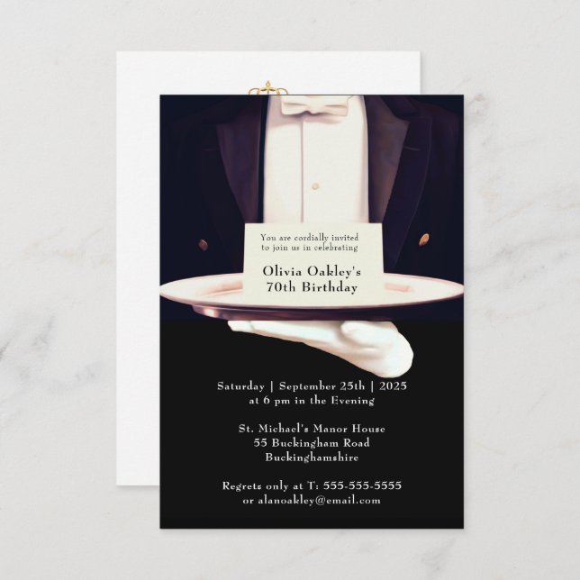 Royal Butler Silver Platter Birthday Party RH Invitation (Front/Back)