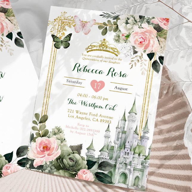 Royal Castle Blush Pink Sage Green Royal 15 Años Invitation (Creator Uploaded)