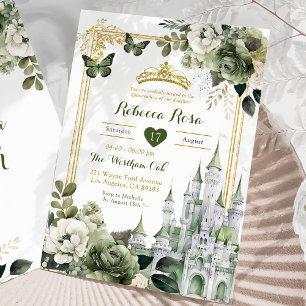 Royal Castle Crown Sage Green Royal Quinceañera Invitation