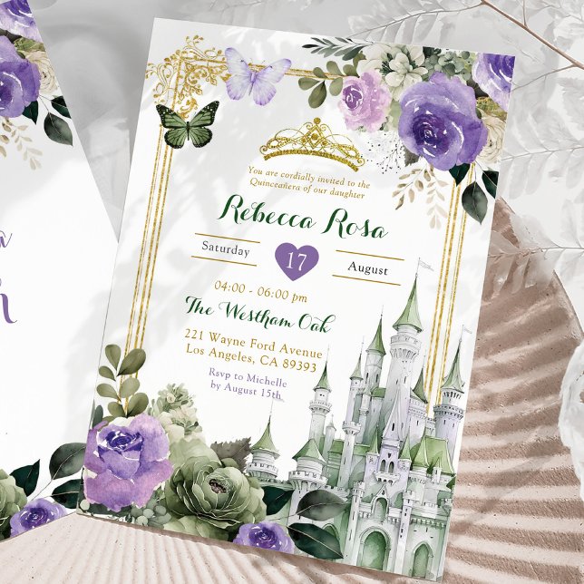 Royal Castle Lilac Purple Sage Green Quinceañera Invitation (Creator Uploaded)