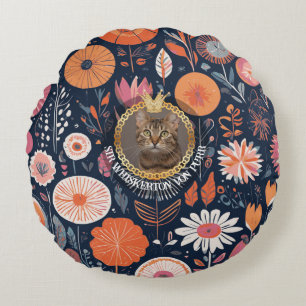 Royal Cat Dark Navy Floral Aristocrat Pattern Art Round Cushion