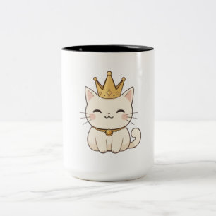 Royal Cat with Golden Crown Kawaii Design Two-Tone Coffee Mug